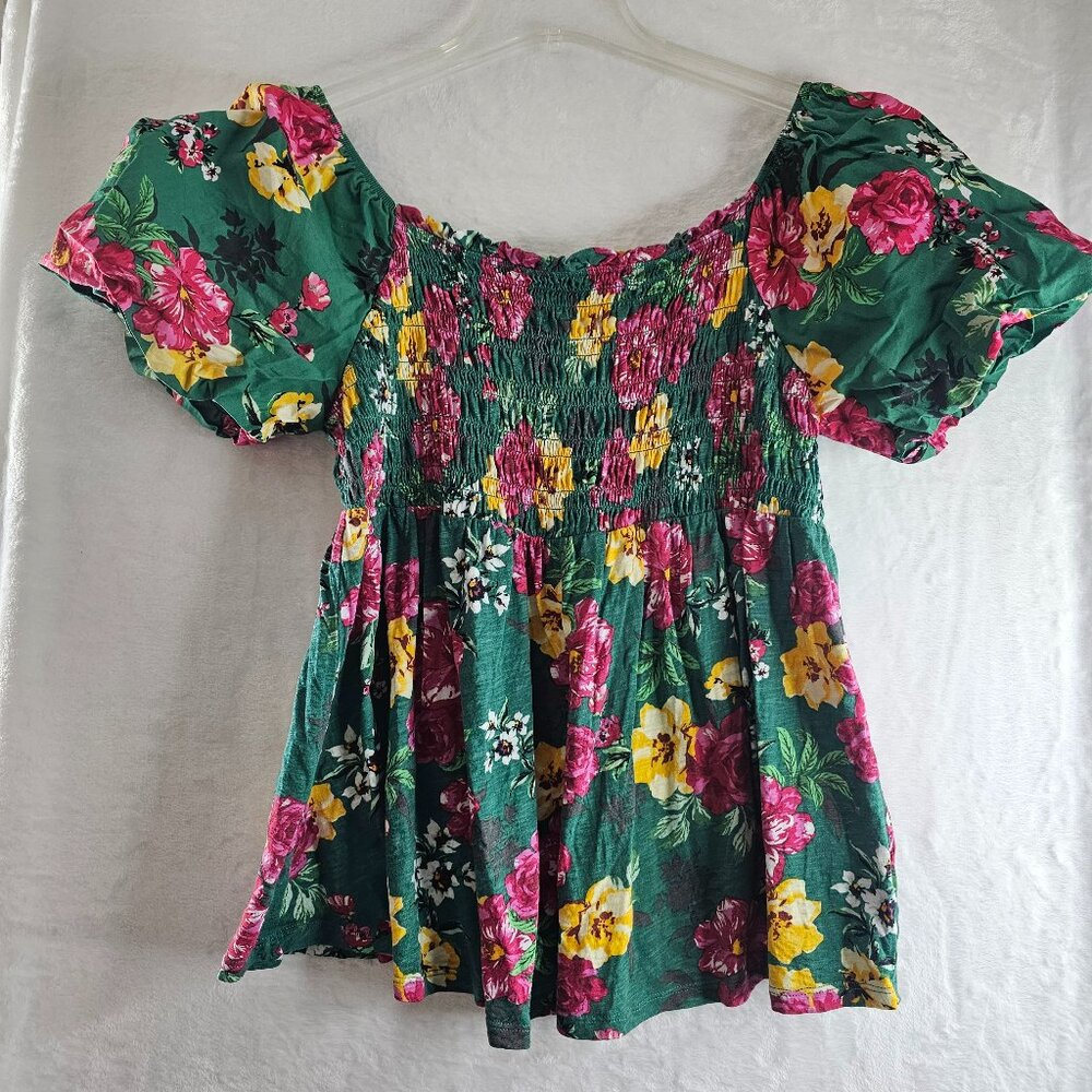 Torrid Smocked Poplin Babydoll Blouse Top Floral Green Short Puff Sleeve Size 1